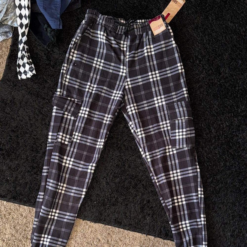 Shosho Black and White Plaid Cargo Pants medium nwt